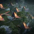 Detached Villas in Mountain Forest With Triangular Roofs On Elevated Platforms Surrounded By Lush Trees
