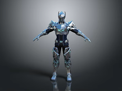 Futuristic Character Wearing Blue Silver Armor With Intricate Design Standing Pose 3d model