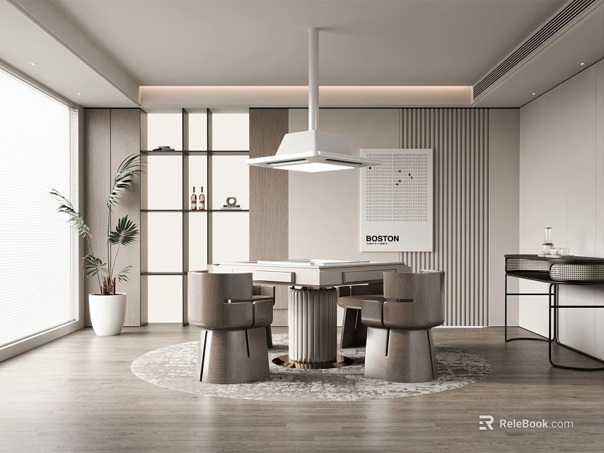 Modern Hotel Mahjong Room Interior Design With Wooden Table Comfortable Chairs And Green Plant 3d model 