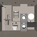 Modern Bathroom Interior Featuring Shower Area Toilet Stacked Washing Machines Round Mirror And Dark Vanity