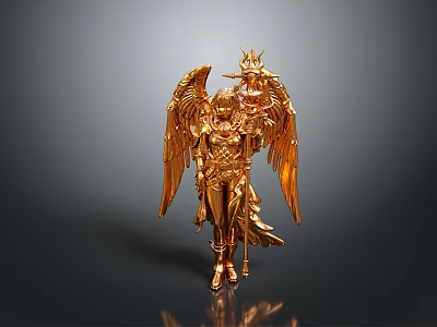 Golden Female Statue With Wings And Armor Holding Scepter On Black Background 3d model