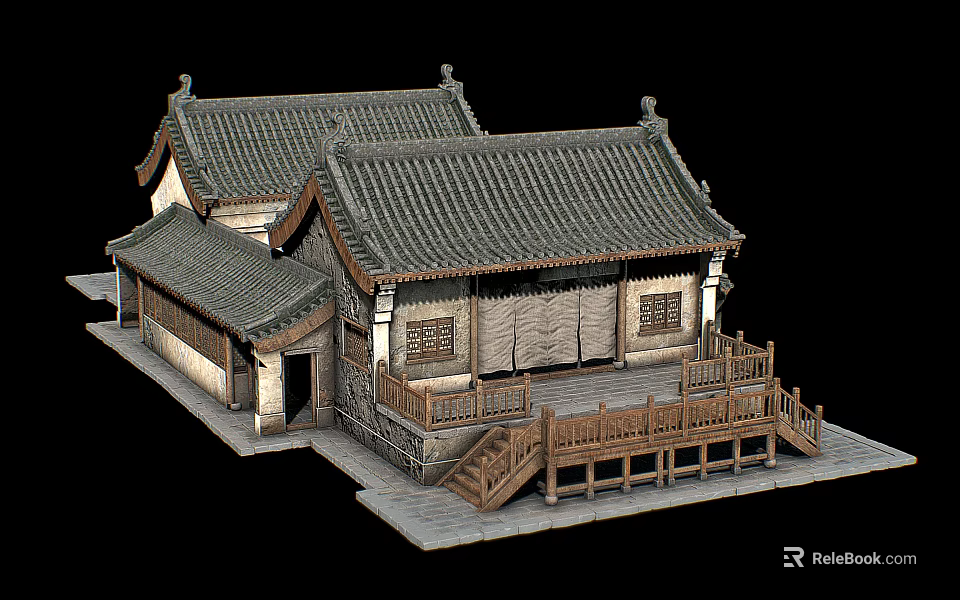 Traditional Ancient Chinese Architecture With Tile Roof Overhanging Eaves Wooden Railings And Stone Platform Steps 3d model 