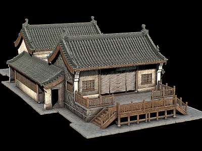 Traditional Ancient Chinese Architecture With Tile Roof Overhanging Eaves Wooden Railings And Stone Platform Steps 3d model