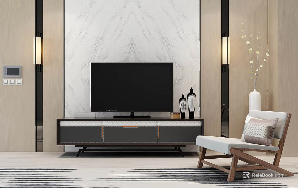 Modern TV Wall Interior With Marble Texture TV Stand And Decorations 3d model