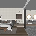 Modern Hotel Room Interior With King Size Bed Wooden Flooring Glass Partition And Scenic View