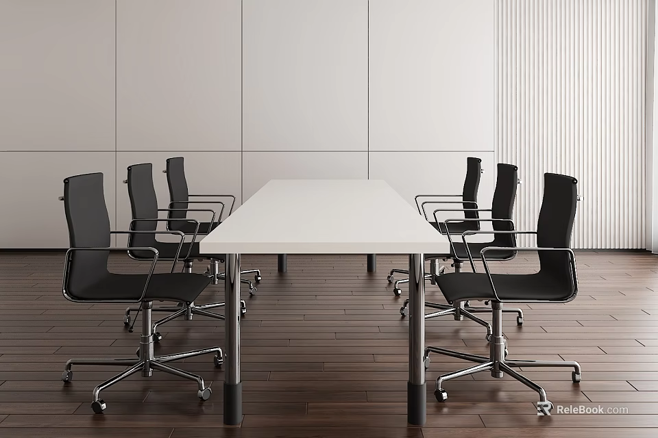 White Conference Table in Meeting Room with Black Office Chairs on Wheels and Wooden Floor 3d model 