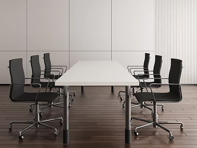 White Conference Table in Meeting Room with Black Office Chairs on Wheels and Wooden Floor 3d model