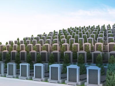 Serene Cemetery With Neatly Arranged Tombstones Green Trees And Clear Blue Sky 3d model
