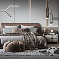 Modern Bedroom Interior With Geometric Wall Decor Hanging Lamps Nightstands Ottoman And Area Rug