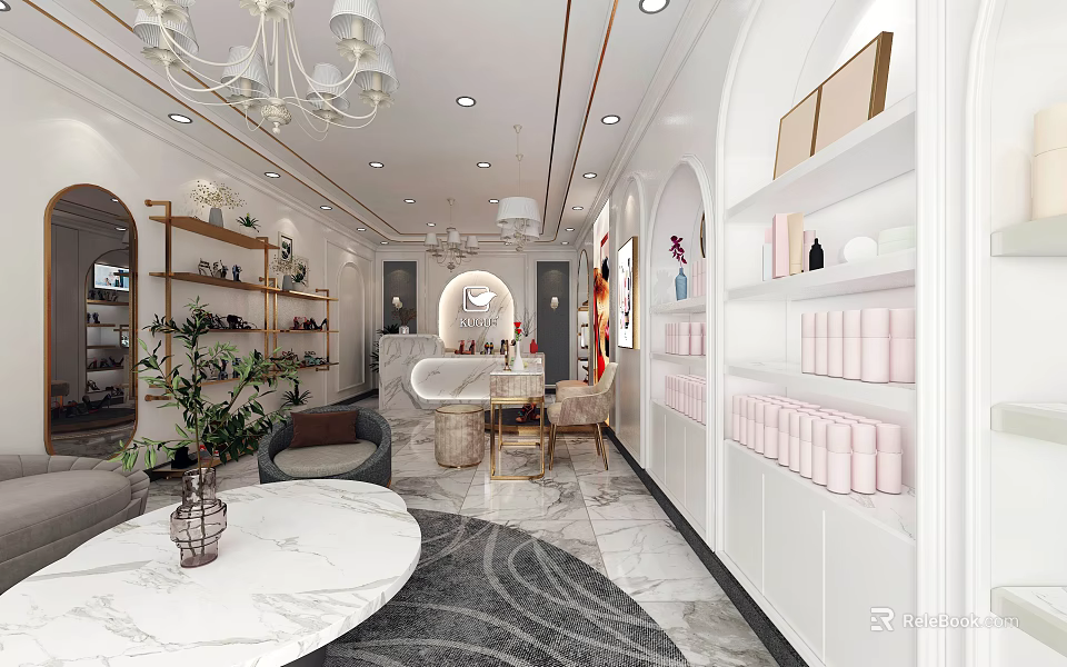 Elegant Boutique With White Shelves Marble Table Green Plants Pink Products Arched Doorways And Chandelier 3d model 