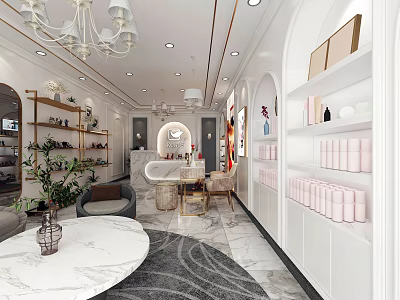 Elegant Boutique With White Shelves Marble Table Green Plants Pink Products Arched Doorways And Chandelier 3d model