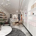 Elegant Boutique With White Shelves Marble Table Green Plants Pink Products Arched Doorways And Chandelier