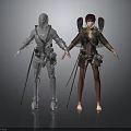 Futuristic Character Outfits With Mechanical Armor And Gear For Two Figures
