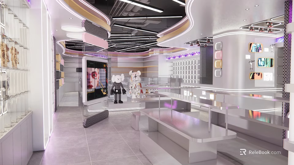 Modern Stylish Retail Store Interior With Display Cabinets Decorative Dolls And Lighting Design 3d model 
