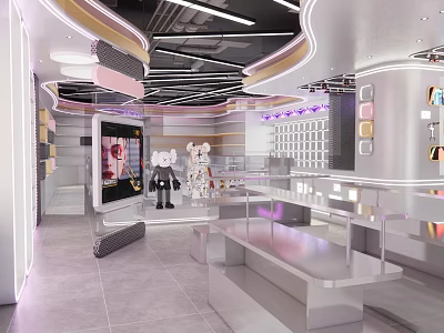 Modern Stylish Retail Store Interior With Display Cabinets Decorative Dolls And Lighting Design 3d model