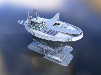 Contemporary Large Ship Featuring Upper Deck Structure And Support Base On Water Surface 3d model