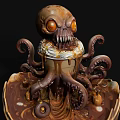 Fantasy Skull Headed Octopus Creature With Orange Eyes And Tentacles On Brown Beige Textured Base