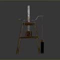 Traditional Stone Mill Equipment with Circular Grinding Disc on Wooden Stand and Metal Handle