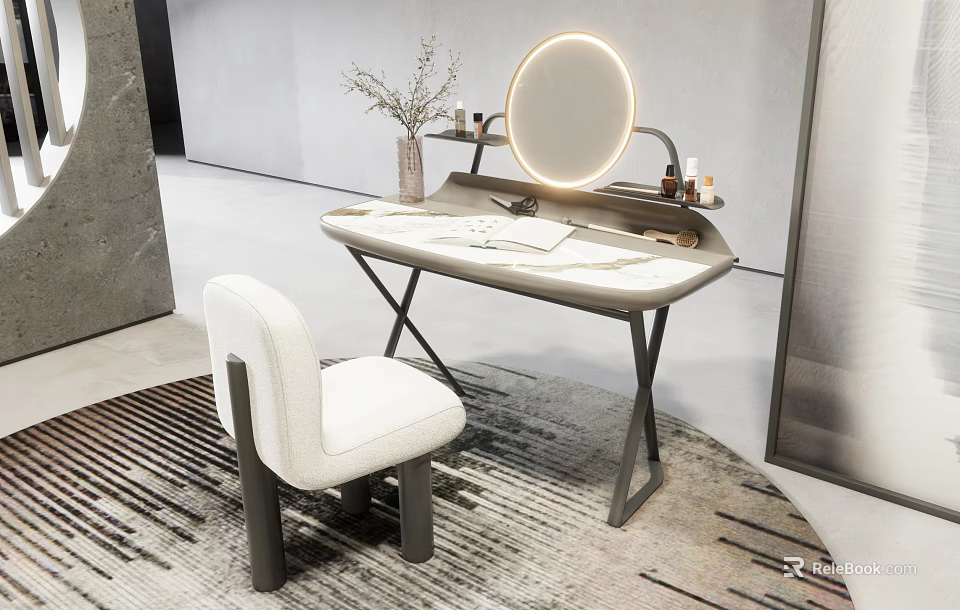 Elegant Modern Dressing Table Interior With Round Mirror Chair And Vase Decor 3d model 
