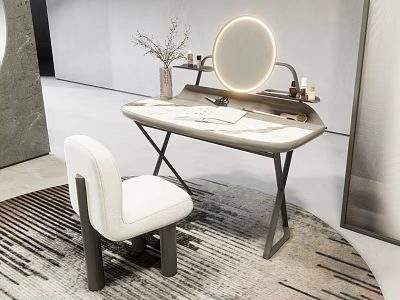 Elegant Modern Dressing Table Interior With Round Mirror Chair And Vase Decor 3d model