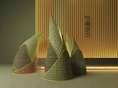 Agricultural Exhibition Hall Showcasing Bamboo Weaving Artworks With Golden Slat Wall Design 3d model