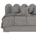 Cozy Kids Bed with Scalloped Headboard Blue Tan Blankets and Pillows