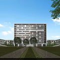 Modern School Building With Glass Curtain Walls And Landscaped Front Area