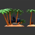 Cartoon Scene Featuring Green Palm Trees Orange Trunks Black Character Sand Stones And Wooden Bridge