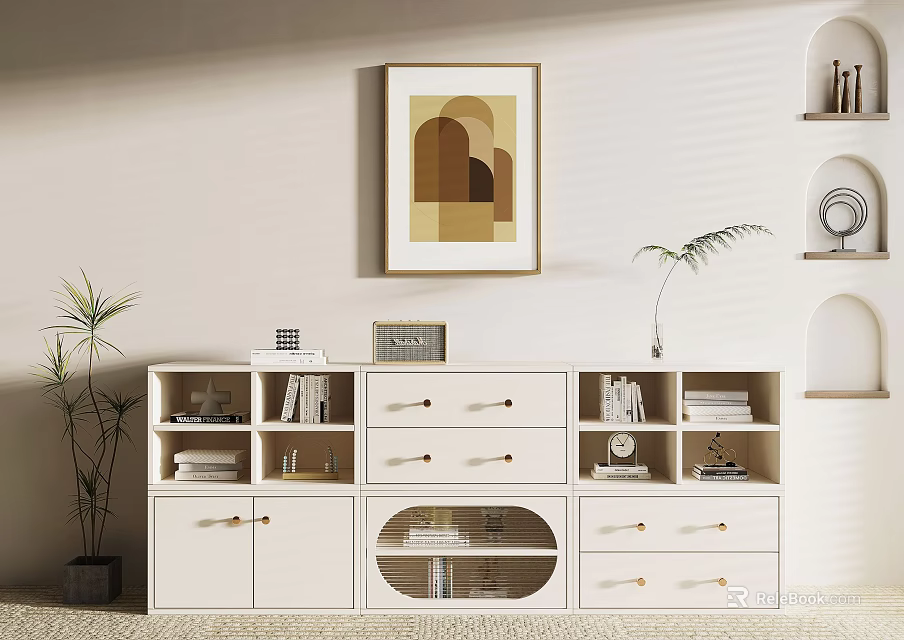 White Bookcase With Drawers And Glass Doors Featuring Decorative Painting Green Plant And Ornaments 3d model 