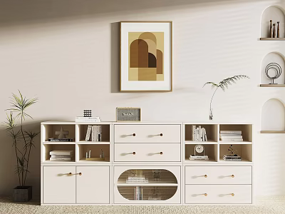 White Bookcase With Drawers And Glass Doors Featuring Decorative Painting Green Plant And Ornaments 3d model