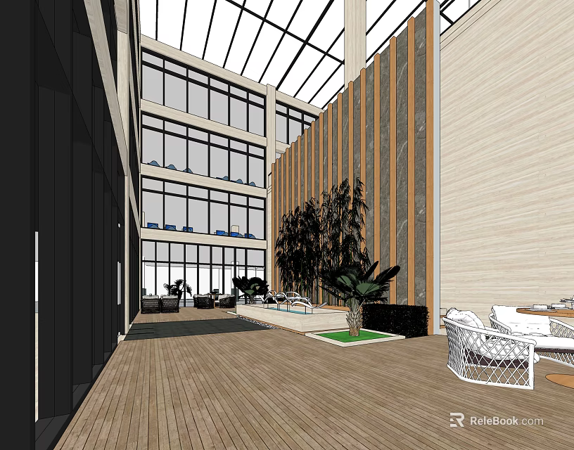Modern Elevator Hallway Design With Glass Ceiling Large Windows Wooden Flooring And Green Plants 3d model 