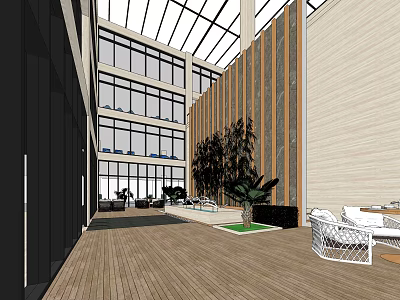 Modern Elevator Hallway Design With Glass Ceiling Large Windows Wooden Flooring And Green Plants 3d model
