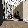 Modern Elevator Hallway Design With Glass Ceiling Large Windows Wooden Flooring And Green Plants