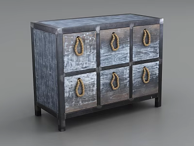 Rustic Wooden Console Side Cabinet With Blue Gray Finish And Rope Knot Handles 3d model