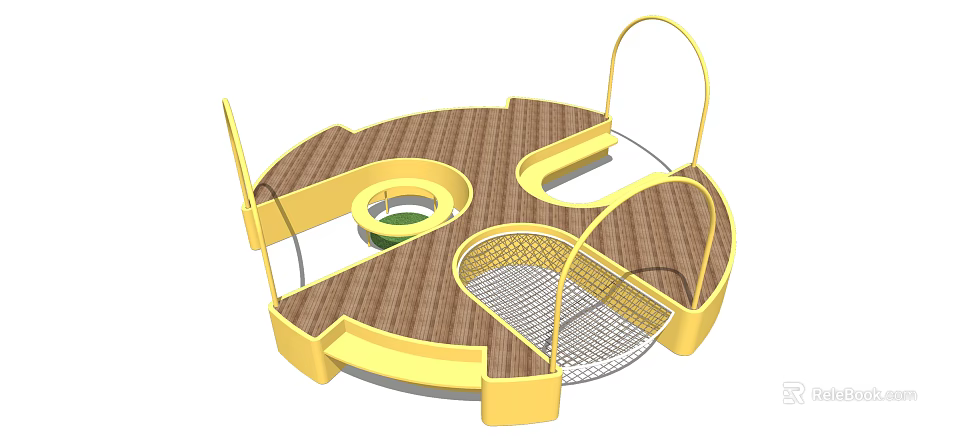 Circular Playground Equipment With Wooden Surface Yellow Frame And Net Structure 3d model 