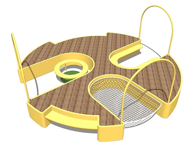 Circular Playground Equipment With Wooden Surface Yellow Frame And Net Structure 3d model