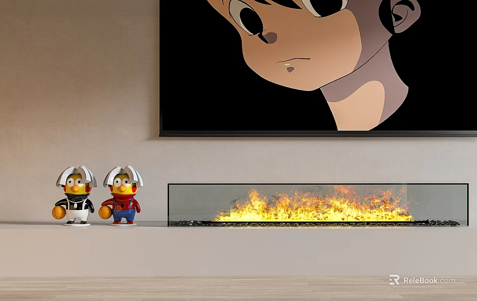 Cozy Burning Fireplace with Flames and Small Toy Figures Under Large Cartoon Wall Artwork 3d model 