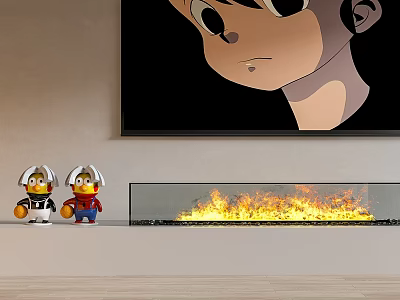 Cozy Burning Fireplace with Flames and Small Toy Figures Under Large Cartoon Wall Artwork 3d model