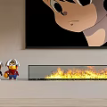 Cozy Burning Fireplace with Flames and Small Toy Figures Under Large Cartoon Wall Artwork