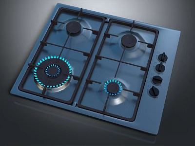 Modern Gas Cooktop With Four Burners Blue Flame And Control Knobs 3d model