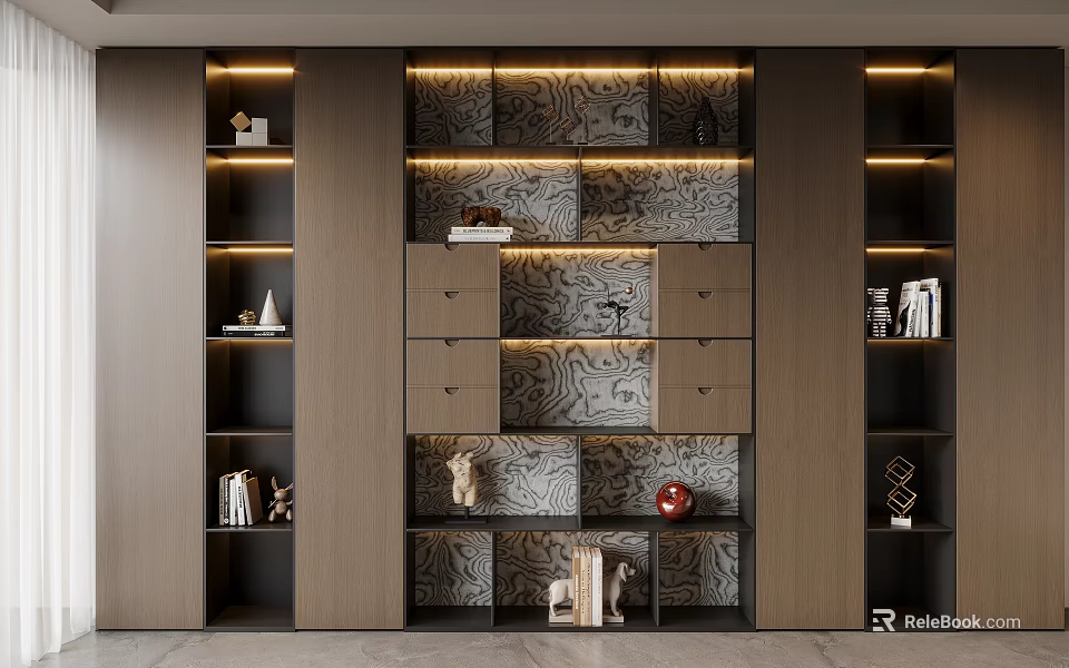 Modern Wooden Bookcase Design With Integrated Lighting Multiple Shelves And Storage Drawers 3d model 