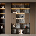 Modern Wooden Bookcase Design With Integrated Lighting Multiple Shelves And Storage Drawers