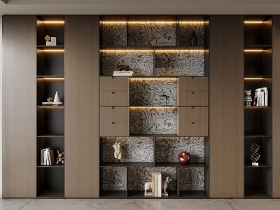 Modern Wooden Bookcase Design With Integrated Lighting Multiple Shelves And Storage Drawers 3d model