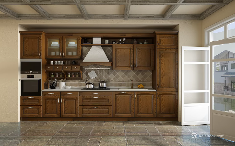 Traditional Wooden Kitchen Cabinets With Beamed Ceiling Tiled Floor And Countertop Pots Oranges 3d model 
