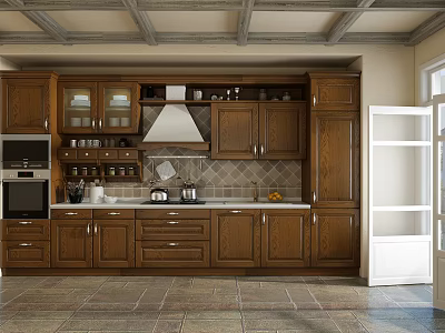 Traditional Wooden Kitchen Cabinets With Beamed Ceiling Tiled Floor And Countertop Pots Oranges 3d model