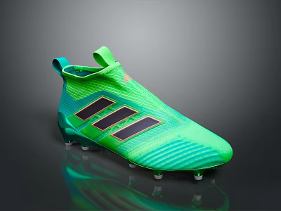 Green and Blue Knitted High Top Football Boots with Black Stripes and Spiked Soles 3d model