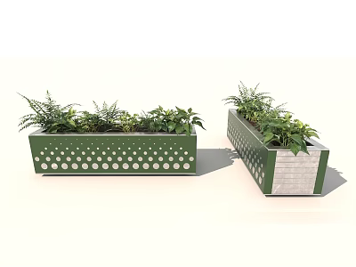 Green Rectangular Garden Planters With White Polka Dots And Lush Plants 3d model