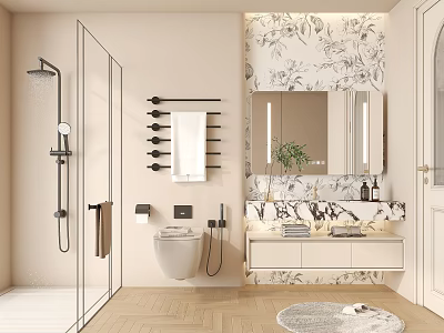 Modern Bathroom Interior Design With Double Sink Marble Countertop Glass Shower And Floral Tiles 3d model