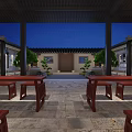 Traditional Chinese Hotel Lobby Interior Design With Hanging Lanterns Stone Steps And Wooden Columns