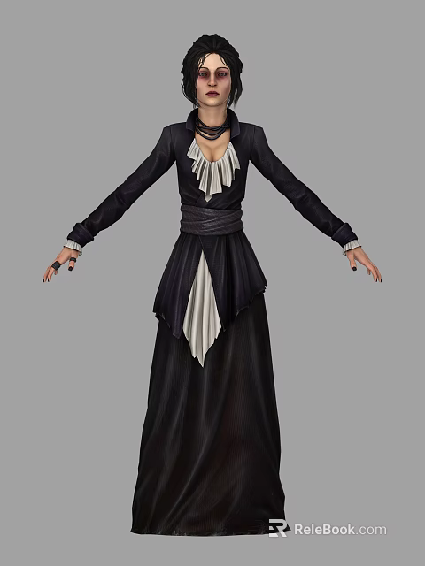 Woman In Black Floor Length Dress With White Ruffled Details Long Sleeves And Cinched Waist 3d model 